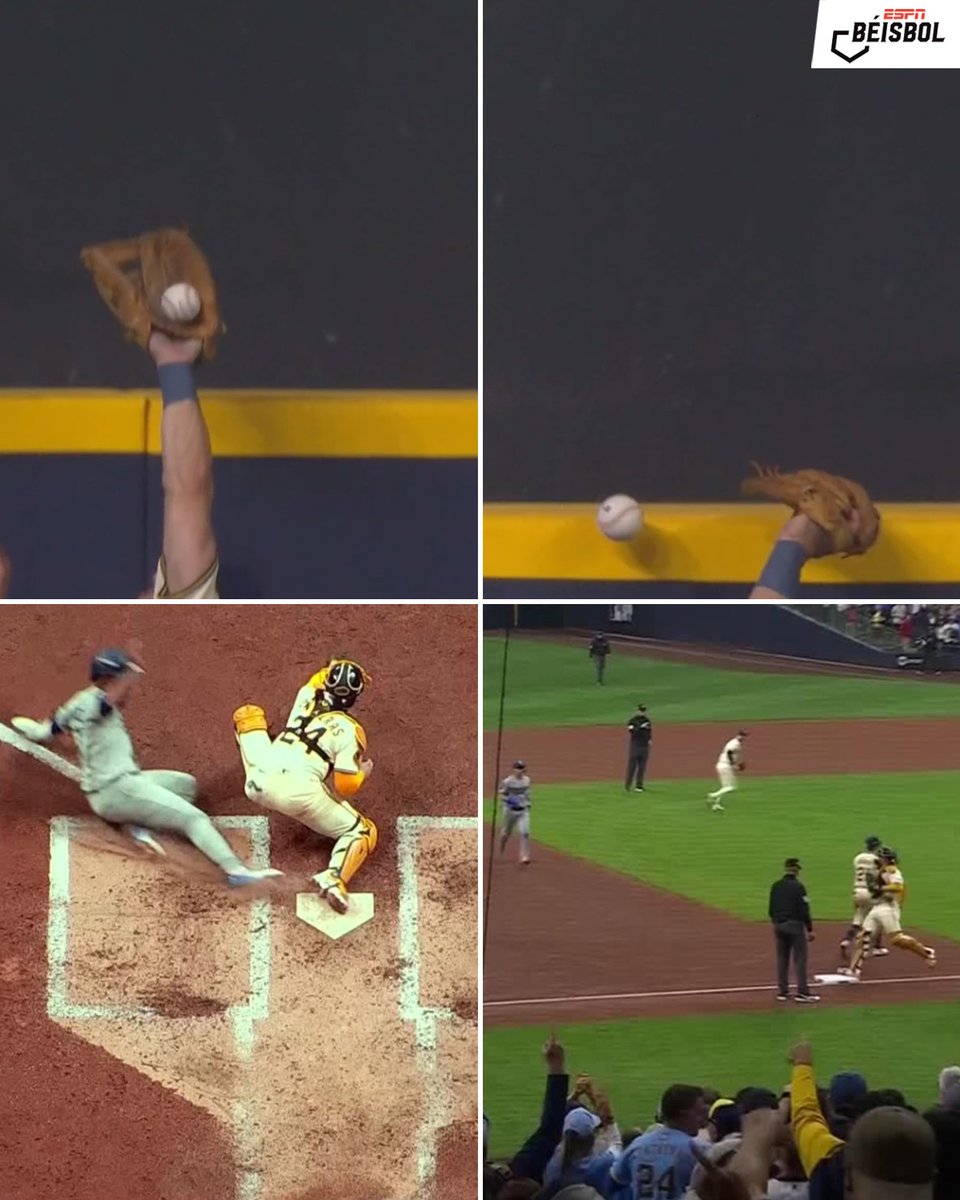 ESPN_Beisbol's tweet image. ¡Jugada rarísima en Milwaukee! 🤯.
Las bases estaban llenas para los Dodgers, Sal Frelick no se pudo quedar con el elevado y pegó en la barda. Con eso, la jugada se convirtió en bola viva para los Dodgers, pero ningún corredor avanzó, por lo que hubo out forzado en home y…