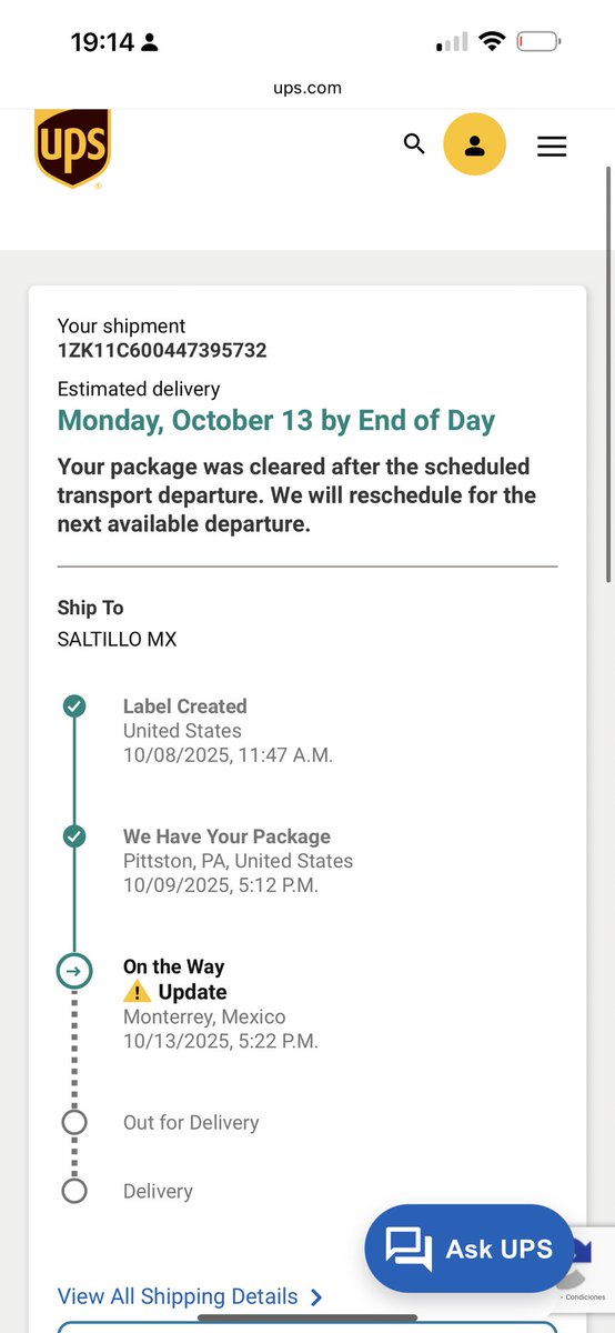 verodorbeckerv's tweet image. Mi paquete  express debió haber sido entregado el  viernes, luego decía el lunes y ahora está estancado ahí desde hace días. ¿Quién se hace responsable? Lo necesitaba a más tardar hoy.  @UPSHelp @UpshelpHub22  guía: 1ZK11C600447395732