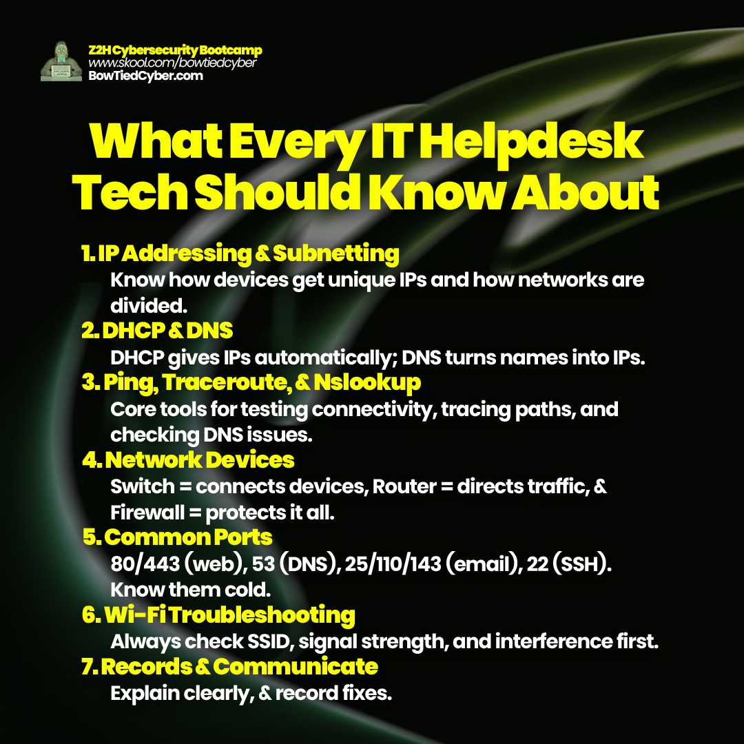 BowTiedCyber's tweet image. What every IT Helpdesk Tech should know about.
Focus on the basics that matter most.