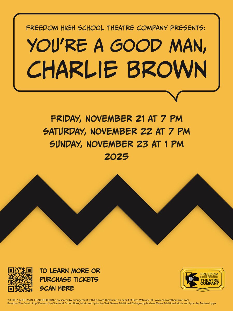 Come see You're a Good Man, Charlie Brown at Freedom--a newly renovated space!
Friday, 11/21 at 7:00pm
Saturday, 11/22 at 7:00pm
Sunday, 11/23 at 1:00pm