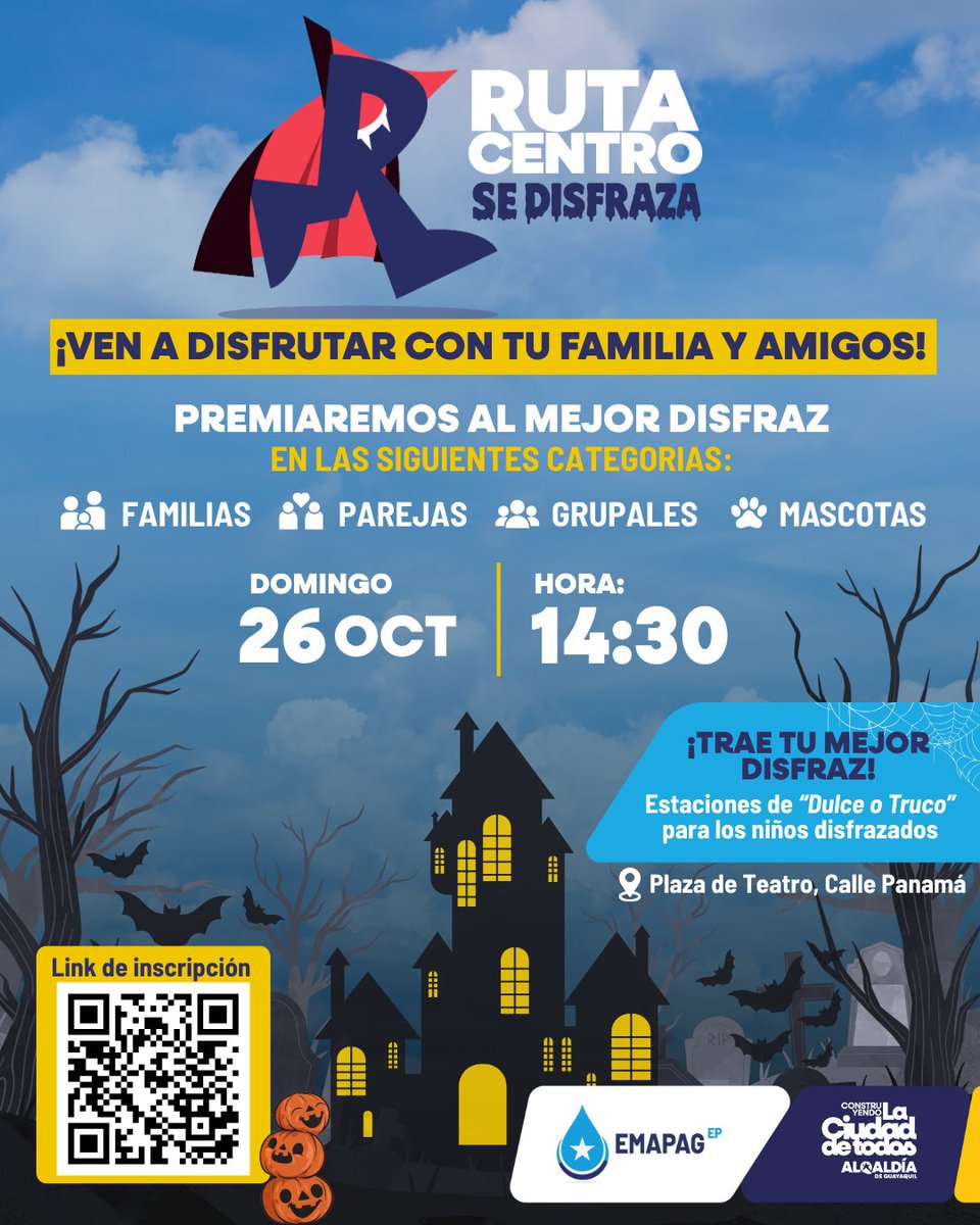 🎭 ¡La Ruta Centro se disfraza! 🎃✨ Prepárate para una tarde llena de color, diversión y mucha creatividad. ✨ 

📍 Plaza del Teatro, Panamá e Imbabura 
📅 26 oct | ⏰ 14h30 

Inscríbete 👇 forms.gle/i3M3gTdFBSePFb…

🎁 Premios para los mejores disfraces.