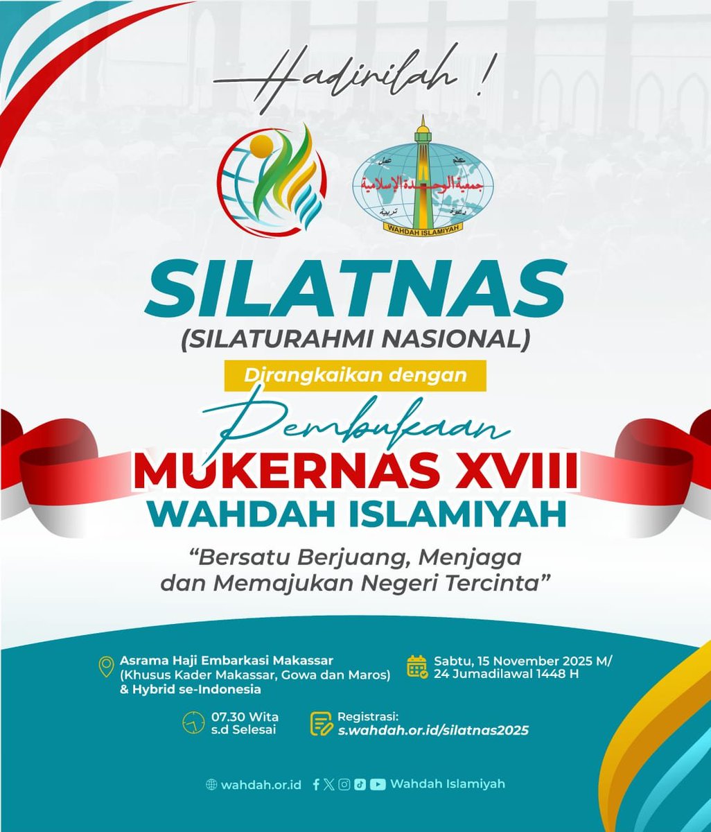 Yuk, hadiri SILATNAS dan Pembukaan Mukernas XVII WAHDAH ISLAMIYAH!

"Bersatu Berjuang, Menjaga dan Memajukan Negeri Tercinta."

🗓️ Sabtu, 15/11/2025 📍 Asrama Haji Embarkasi Makassar &amp; Hybrid se-Indonesia
Registrasi: s.wahdah.or.id/silatnas2025

#WahdahIslamiyah #SILATNAS