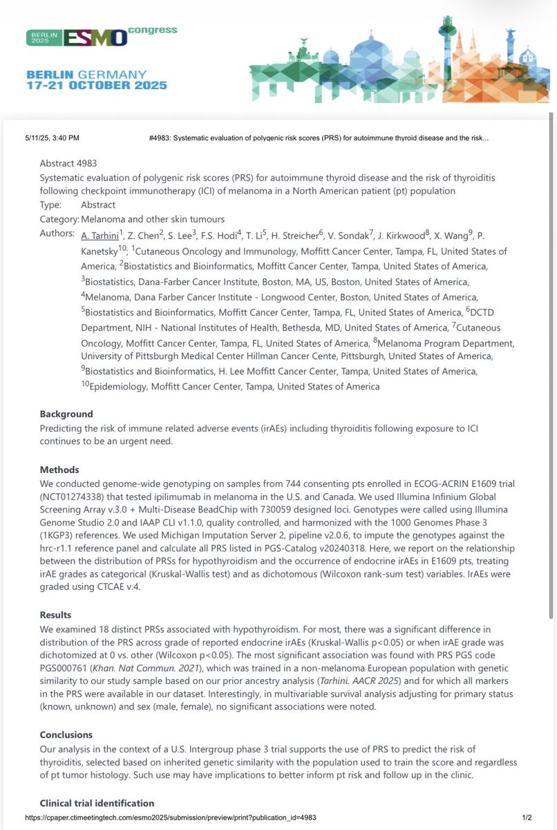 #ESMO25 Abstracts Released | Among ours: Systematic Evaluation of #PolygenicRiskScores for #Autoimmune #Thyroid Disease &amp; Risk of #Thyroiditis Following #ImmuneCheckpoint #Immunotherapy of #Melanoma | Presenting in #Berlin ⁦<a href="/eaonc/">ECOG-ACRIN Cancer Research Group</a>⁩ ⁦<a href="/theNCI/">National Cancer Institute</a>⁩ ⁦⁦<a href="/MoffittNews/">Moffitt Cancer Center</a>⁩