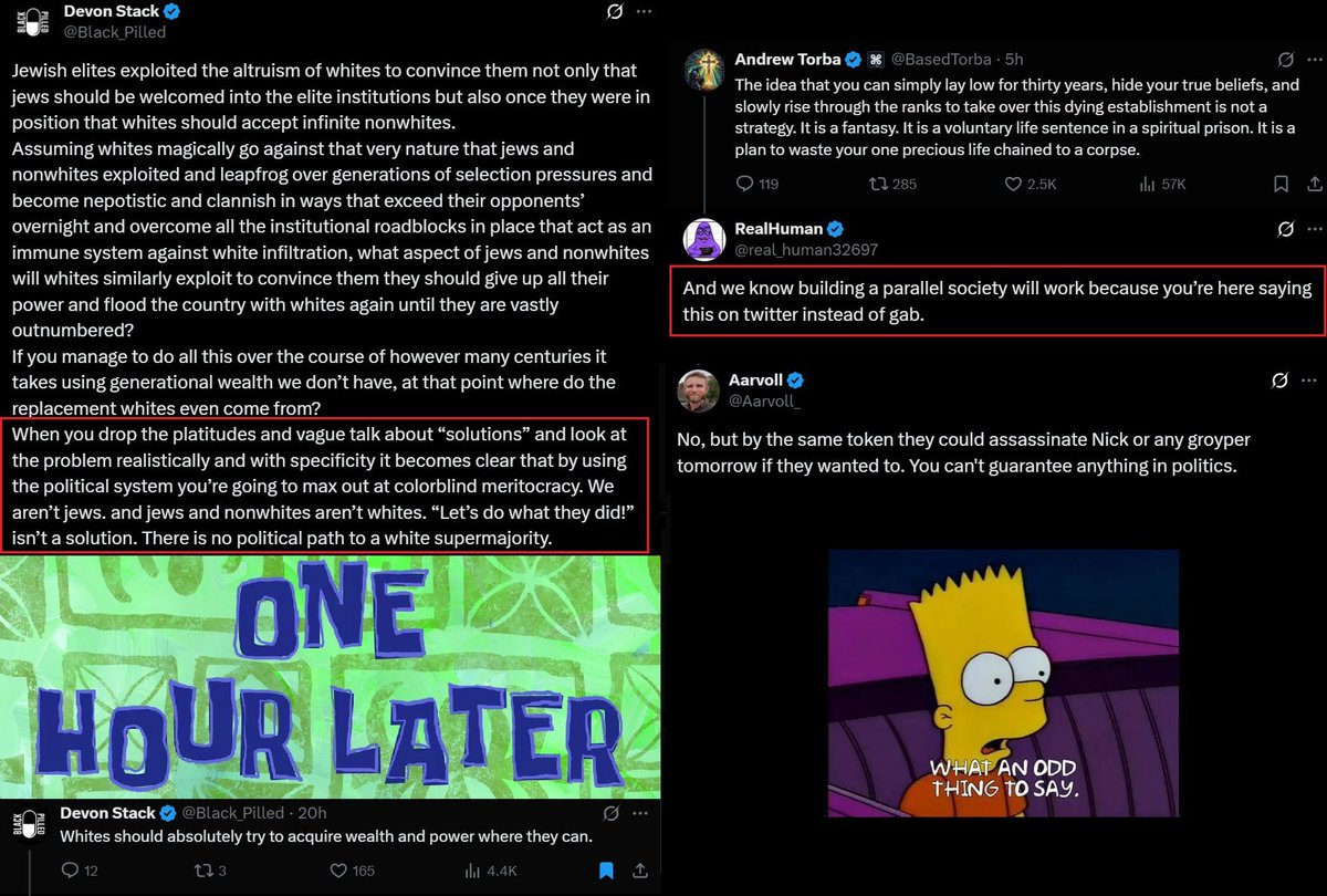"We have to build parallel services" -&gt; says Andrew Torba on Twitter instead of Gab

"We have to build parallel communities" -&gt; says Aarvoll on Twitter instead of his Amish village

"Don't infiltrate institutions" -&gt; says Devon Stack with a twitter account 10x smaller than Nick