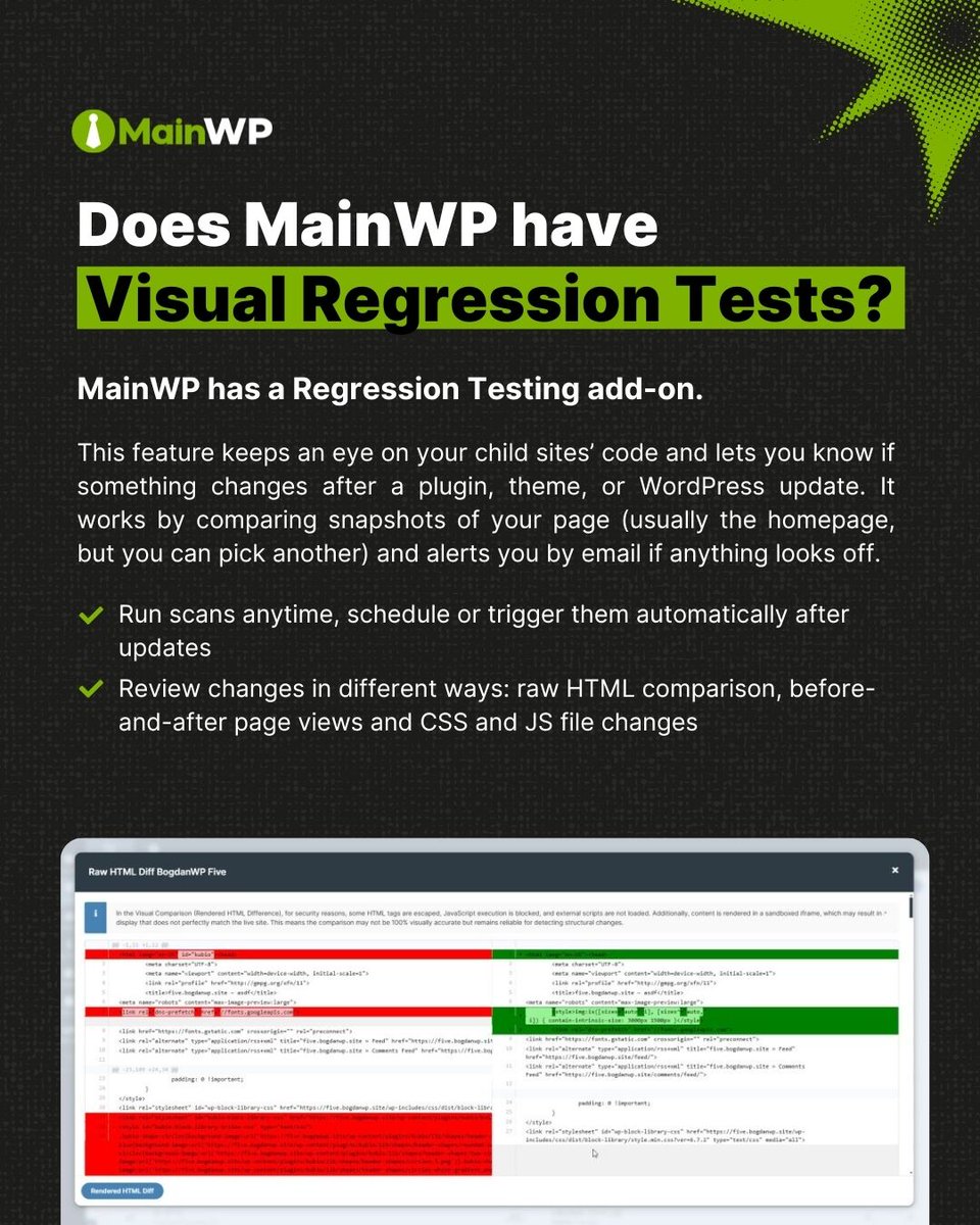 MyMainWP's tweet image. Spot design or code changes before your clients do. 👀
MainWP’s Visual Regression Testing keeps your sites consistent and reliable after every update.
👉 Learn more: mainwp.com/kb/regression-…