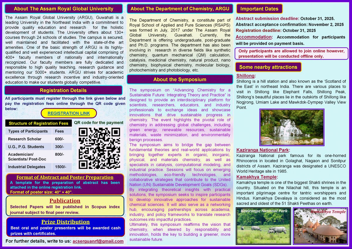 Dept. of Chemistry, Royal Global University, will be hosting national symposium “Advancing Chemistry for a Sustainable Future: Integrating Theory and practice” sponsored by ANRF (Govt. Of India) from 6-7th November 2025. For details read the files attached #ANRF #Chemistry