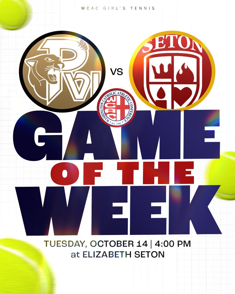 Washington Catholic Athletic Conference (@wcacsports) on Twitter photo Week five #WCAC Game of the Week is tomorrow!
This week, we are highlighting girlsā tennis! <a href="/ElizabethSeton/">ElizabethSetonHS</a> will host <a href="/PVIsports/">PVI Sports</a> tomorrow, October 14, at 4 pm at Seton.
Who will get the victory this week?
#WCACGameoftheWeek #WCACGirlsTennis Week five #WCAC Game of the Week is tomorrow!
This week, we are highlighting girlsā tennis! <a href="/ElizabethSeton/">ElizabethSetonHS</a> will host <a href="/PVIsports/">PVI Sports</a> tomorrow, October 14, at 4 pm at Seton.
Who will get the victory this week?
#WCACGameoftheWeek #WCACGirlsTennis