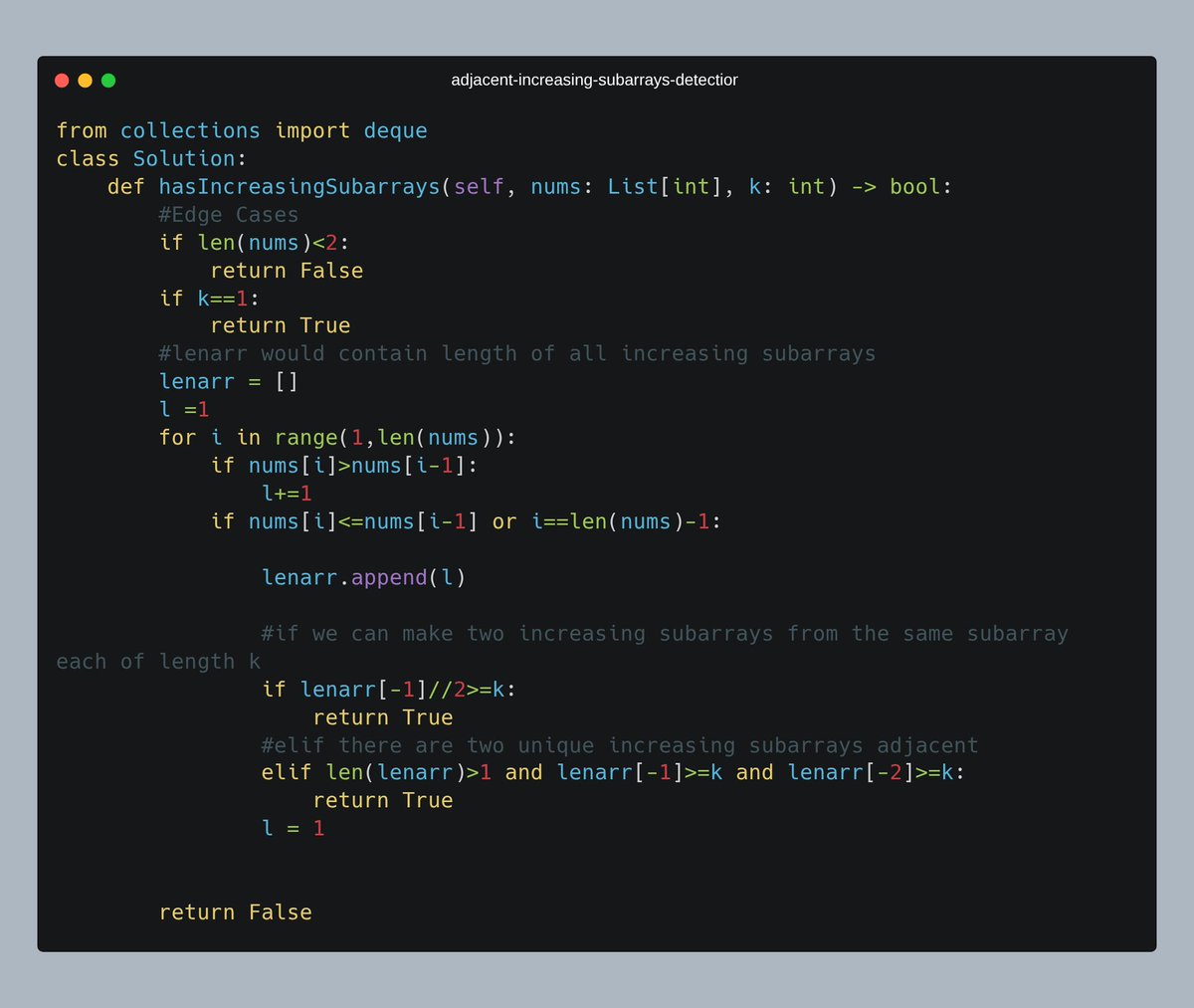 piyushmalik34's tweet image. Adjacent Increasing Subarrays Detection I: Checks for consecutive increasing segments in an array. Uses a single pass to track subarray lengths and verifies if two adjacent subarrays meet length criteria. Time: O(n), Space: O(n). Simpl #LeetCode #100DaysOfCode