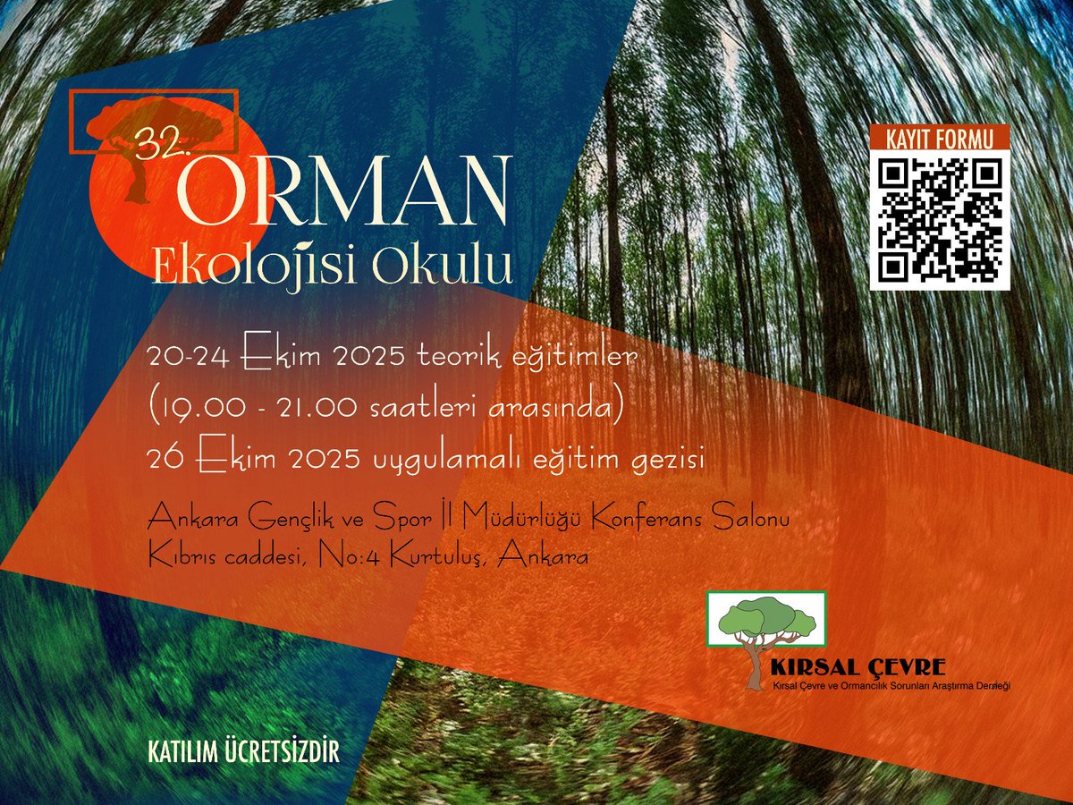 🌿 32. Orman Ekolojisi Okulu Başlıyor! 🌲

Değerli Kırsal Çevre Dostları,
Ekosistemler, orman ekolojisi, ülkemizin orman yapıları ve ormancılık uygulamalarını yakından tanımak ister misiniz? 🌳

👉 Kayıt için: forms.gle/ixjTMjiBL3CRWx…