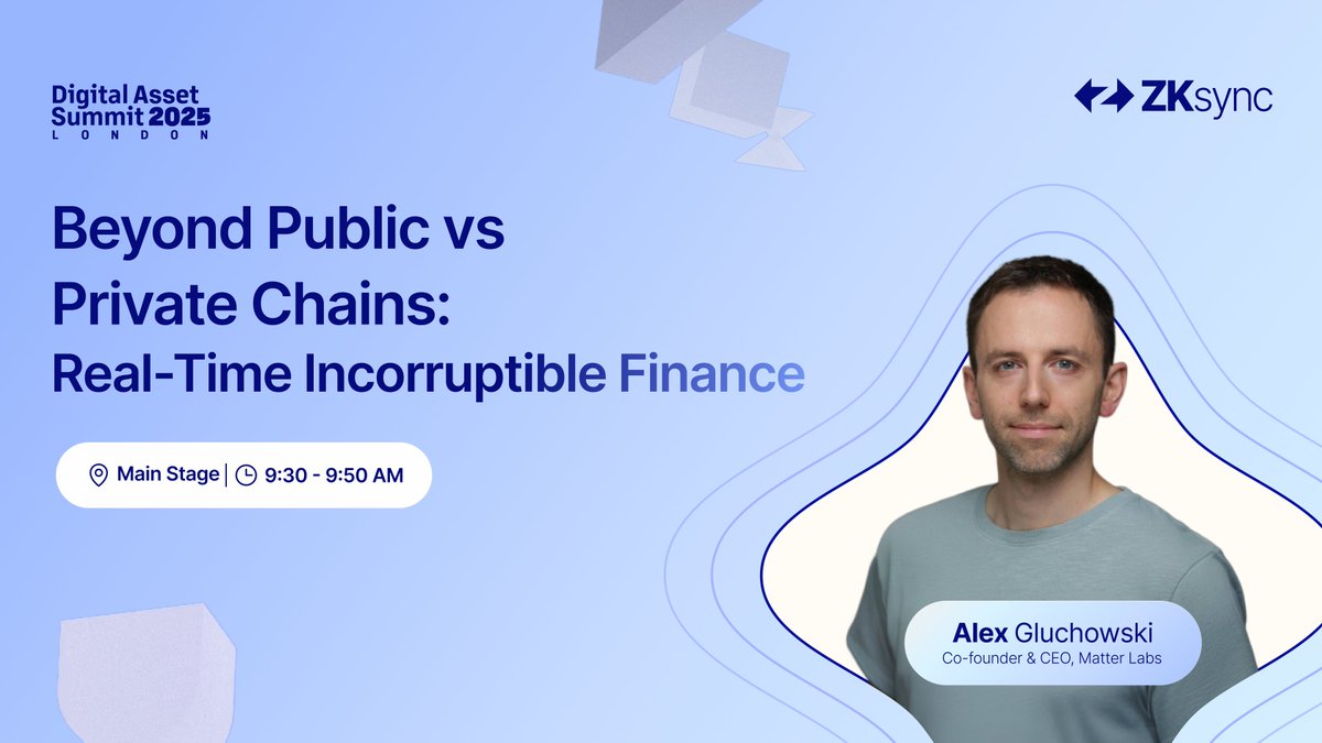 ZKsync (∎, ∆) (@zksync) on Twitter photo Day 2 of <a href="/blockworksDAS/">Digital Asset Summit 2025</a> is here.
Catch <a href="/gluk64/">ALEX | ZKsync ∎</a> keynote on Incorruptible Finance at 9:30am BST. Day 2 of <a href="/blockworksDAS/">Digital Asset Summit 2025</a> is here.
Catch <a href="/gluk64/">ALEX | ZKsync ∎</a> keynote on Incorruptible Finance at 9:30am BST.