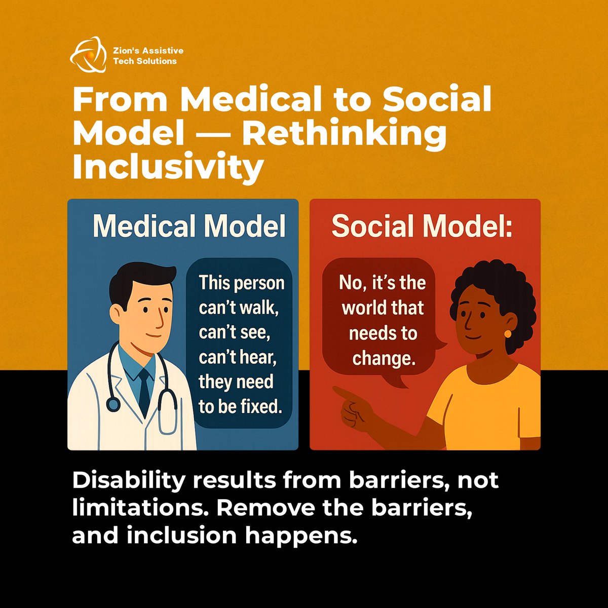 ZATSINC's tweet photo. It’s time to shift the narrative. The Social Model of disability reminds us that it's not the person who needs fixing, it's the environment that needs adapting. True inclusion happens when we remove barriers, not when we force people to fit into a limited mold. https://t.co/67SSSAwKe4