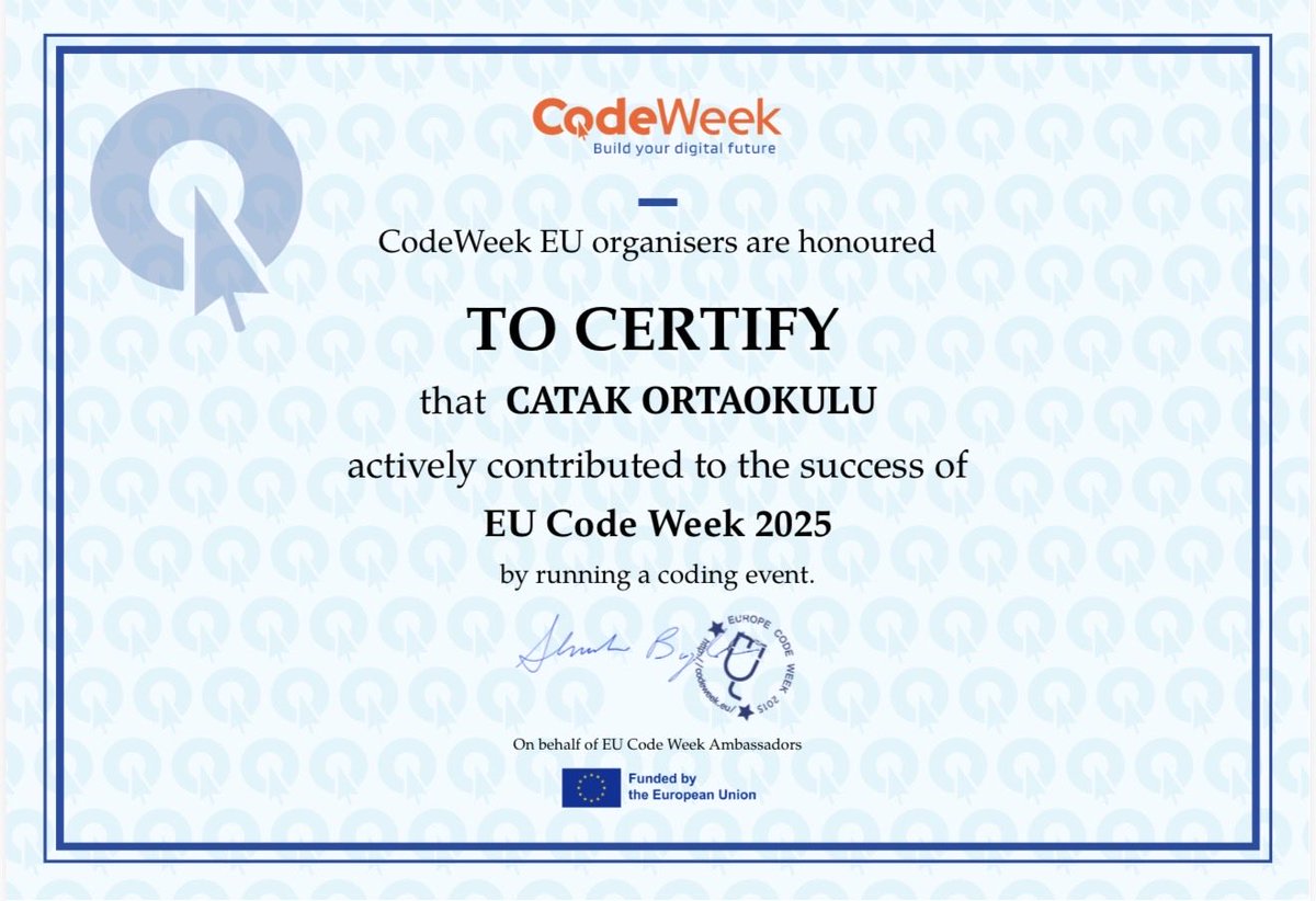 CatakOrtaokulu's tweet image. 🌿 Çatak Ortaokulu öğrencilerimiz #CodeWeek 2025 kapsamında mBlock ile “Yeşil Vatan: Yağmurla Canlanan Çiçek” animasyonunu kodladı! 🌧️☀️🌸
Etkinliğimiz #CodeWeek haritasında 💻
#YeşilVatan #CodeWeekTR #mBlock #GreenCoding @cevatcevik67 @turansezgin67