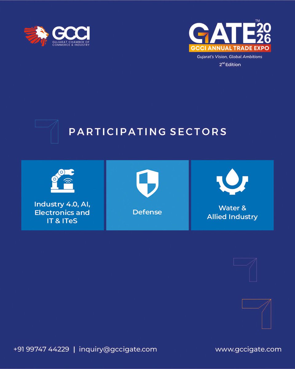gccigate's tweet image. GATE 2026 brings together innovators and industry leaders from critical sectors shaping India’s future 
📅 16-18 April 2026
📍 Helipad Exhibition Centre, Gandhinagar
Visit & register: gccigate.com
Bookings are now open!
Inquiries: +91-99747 44229 | inquiry@gccigate.com