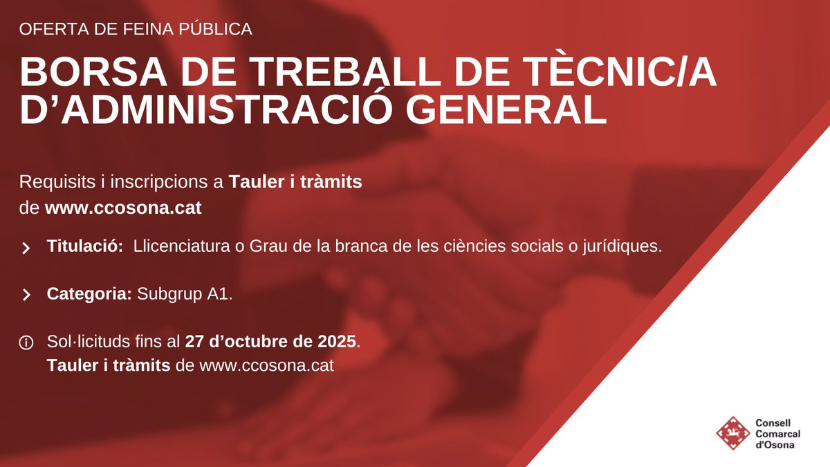 💼Convocatòria pública del procés selectiu d'una borsa de treball de tècnic/a d'administració general.

🎓Titulació: Llicenciatura o Grau de la branca de les ciències socials o jurídiques.

📆 Termini fins al 27 d'octubre de 2025.

➕informació: shorturl.at/PiNGO