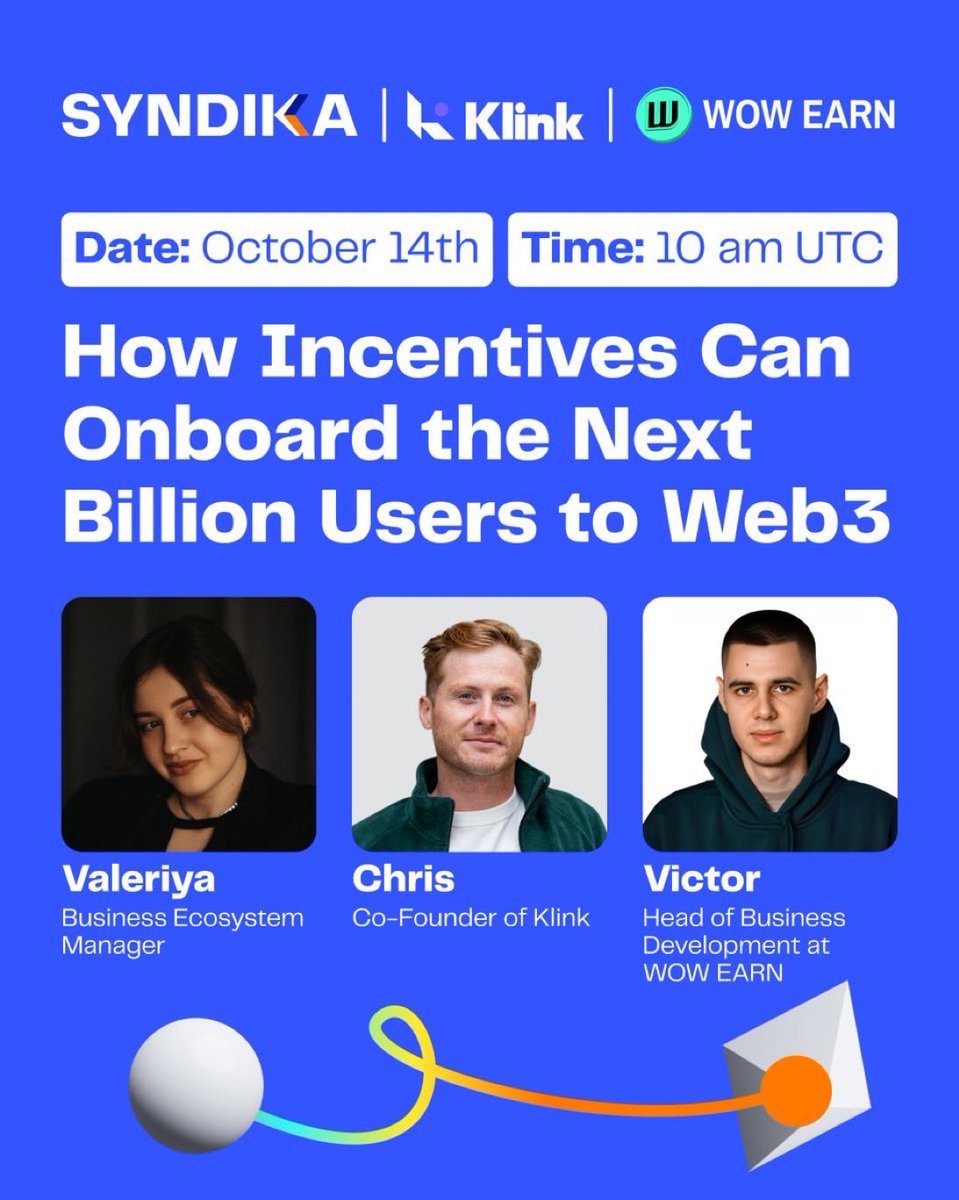 🎙️ Syndika x WOW EARN x Klink AMA

How Can Incentives Onboard the Next Billion Users to Web3? 👀

Join us TOMORROW for an insightful X Space co-hosted by our partners — <a href="/WOWEARNENG/">WOW EARN</a> and <a href="/klinkfinance/">Klink Finance</a>.

Featuring <a href="/valeri_ignati/">Valeri Crypto</a>, <a href="/ChrisjamesIRL/">Chris James | Klink Finance</a>, and Victor as they discuss:
🔍 How