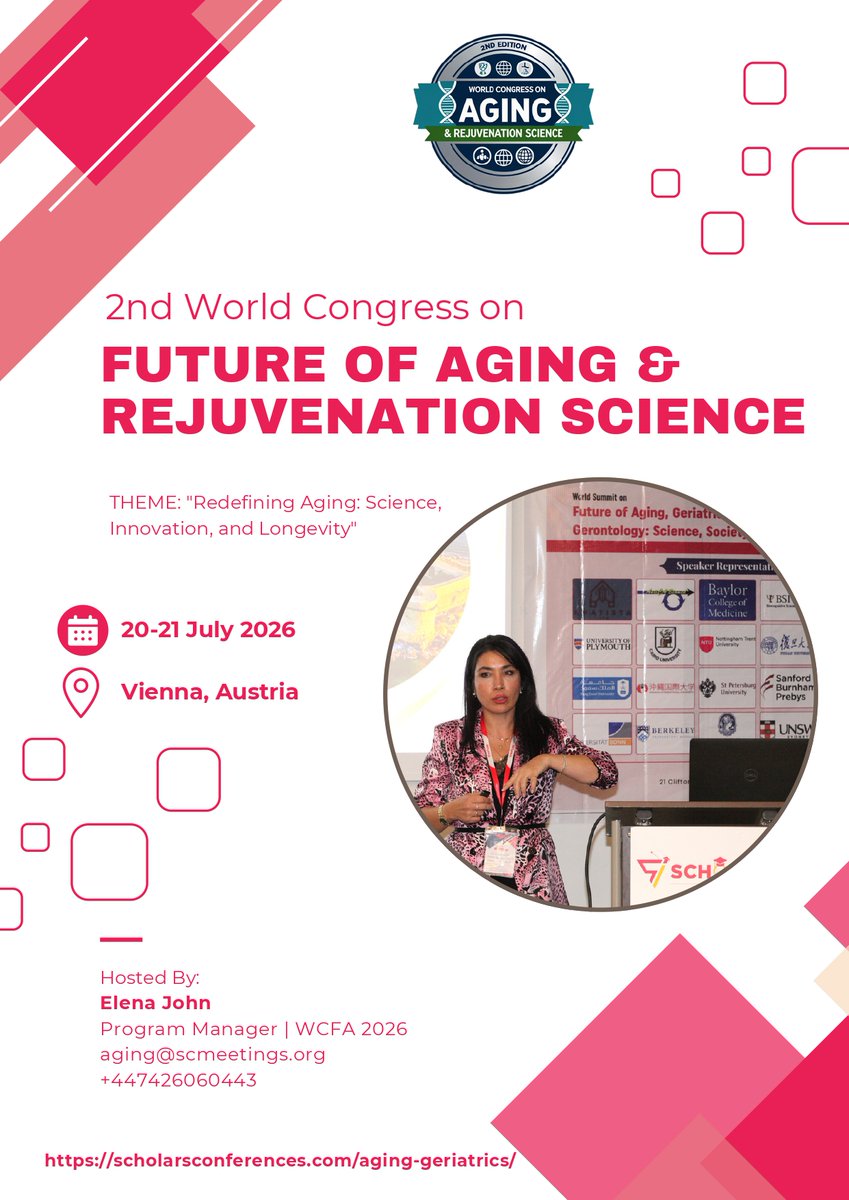 ConferenceAging's tweet image. 🚨 BIG ANNOUNCEMENT! 

The 2nd World Congress on the Future of Aging &amp;amp; Rejuvenation Science (WCFA 2026) is coming to Vienna, Austria 🇦🇹 | July 20–21, 2026!

Theme: “Redefining Aging: Science, Innovation &amp;amp; Longevity” 🧬

Join now!!
🔗 scholarsconferences.com/aging-geriatri…

@ScholarsConfer1