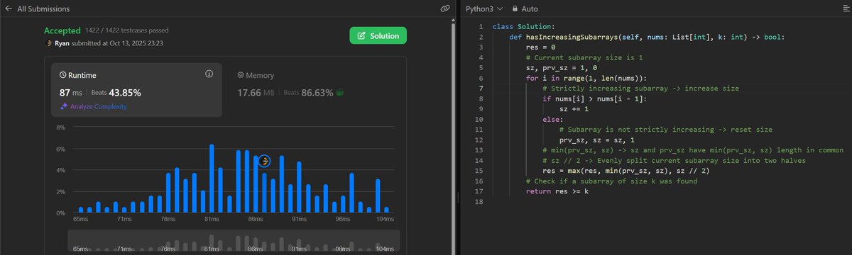 RyanIlano's tweet image. ๐ LeetCode Daily Challenge: October 14 ๐
3349. Adjacent Increasing Subarrays Detection I
Track possible subarray sizes: current subarray size split into two halves, or smaller of previous subarray and current subarray.
#LeetCode #DSA #Coding #ProblemSolving #LearnInPublic