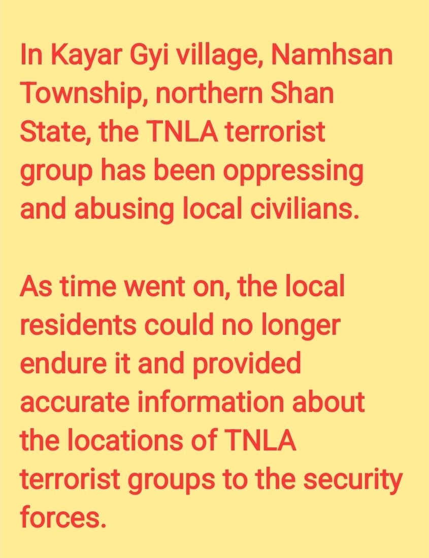 UAung1262022's tweet image. #Locals provided accurate information to the security forces about the locations of the #TNLA terrorists, leading to a rapid clearance operation on October 13.

After suffering heavy casualties, media began spreading false accusations and fabricated stories.
#MyanmarFactCheck
