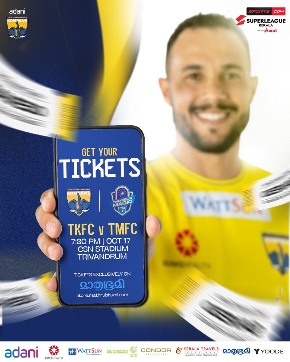 Get your tickets now! 🎟️ #tkfcvtmfc 

Visit store.mathrubhumi.com

#kombansfc #ennumkombans #superleaguekerala #thiruvananthapuramkombansfc <a href="/slk_kerala/">Super League Kerala</a>
<a href="/AdaniOnline/">Adani Group</a> <a href="/AdaniSportsline/">Adani Sportsline</a> <a href="/hospital_kims/">KIMSHEALTH</a>
<a href="/JPMcAloon/">James McAloon</a> 

<a href="/fni/">football news india</a> <a href="/StarFootball/">Star Sports Football</a> <a href="/footballdaily/">Football Daily</a> <a href="/Goal_India/">GOAL India</a>
<a href="/KhelNow/">Khel Now</a> <a href="/IMinnows/">Indian Football Minnows</a>