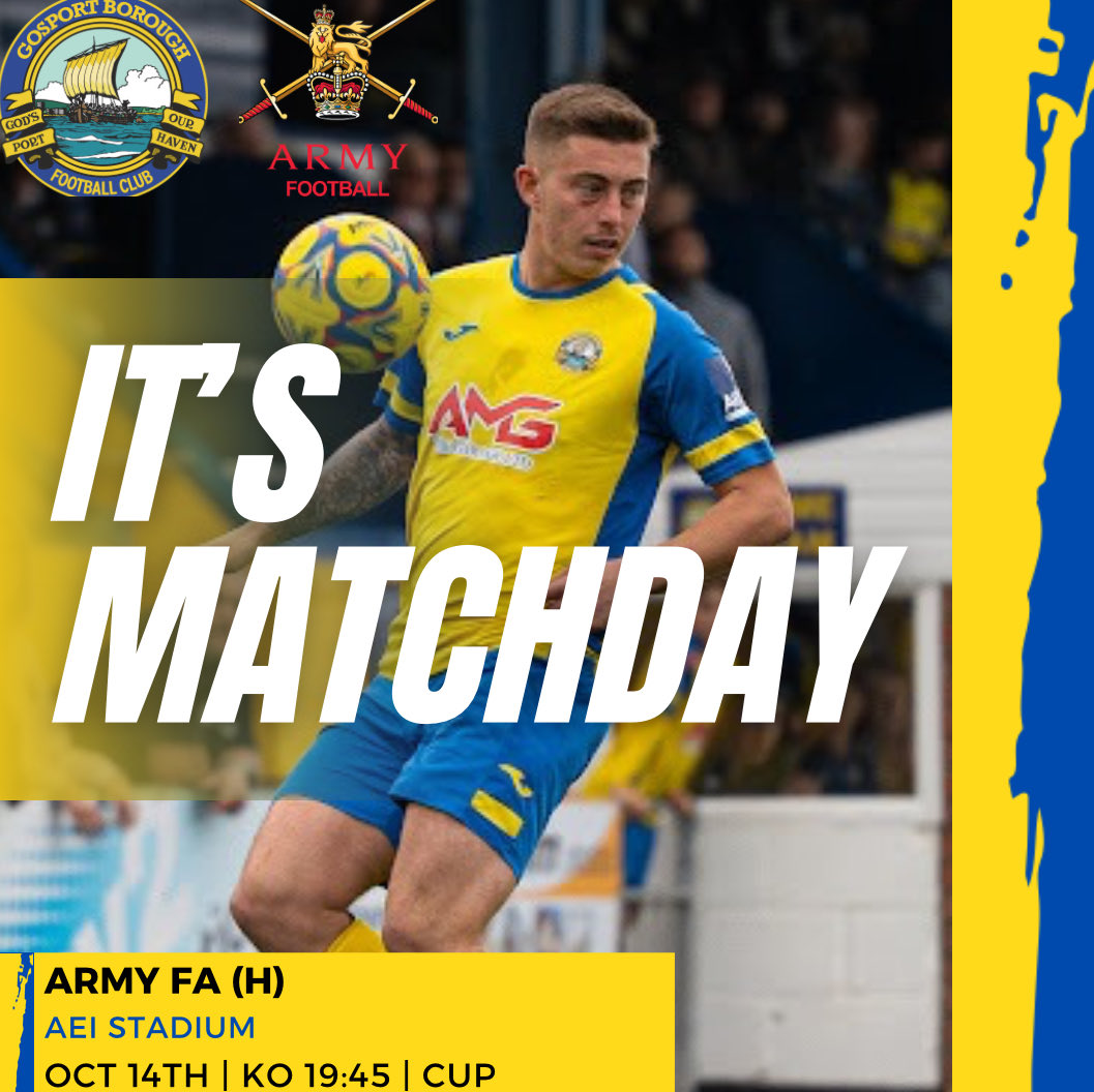 🚨 𝙄𝙏’𝙎 𝙈𝘼𝙏𝘾𝙃𝘿𝘼𝙔!!! 🚨 

🆚: Army FA
🏆: Hampshire Senior Cup
🏟: AEI Stadium
⏰: 19:45

More information can be found here 👇
🔗: gosportboroughfc.com

#UpTheBoro #UTB