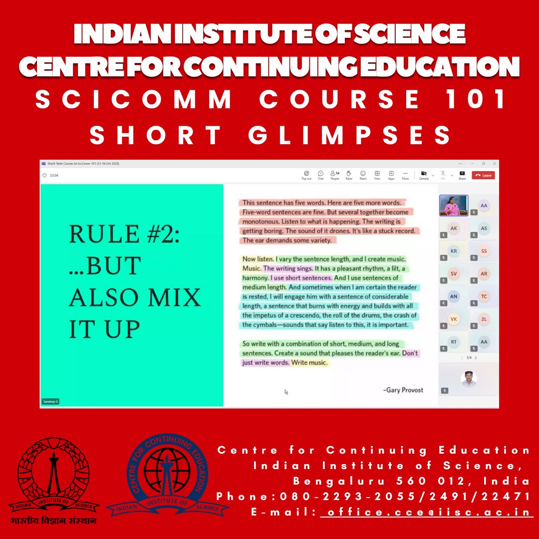 cce_iisc's tweet image. A dynamic start to SciComm 101 at IISc!
Participants are mastering the art of #NarrativeWriting and media engagement.
@cce_iisc thanks the Office of Communications for this brilliant course.
#SciComm #iisc #SciencePerspective #comms #ResearchImpact #PublicTrust #communication