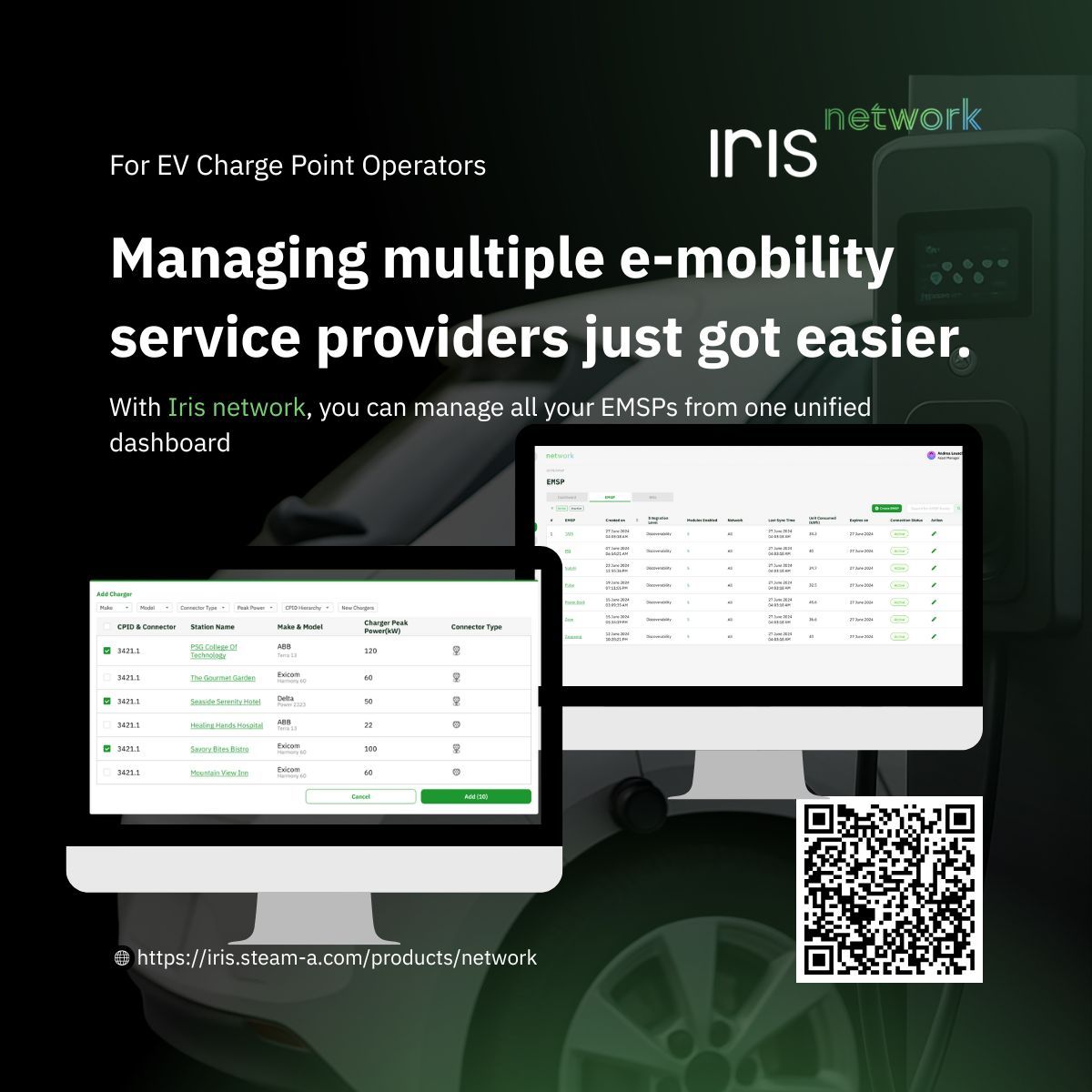 Iris_SteamA's tweet image. With Iris Network, CPOs can now add &amp;amp; monitor EMSPs via OCPI, unifying transactions, sessions, and analytics in one dashboard.
When your network connects effortlessly, your business scales effortlessly. 

🔗iris.steam-a.com/products/netwo… 
#EVCharging #OCPIIntegration #EVSoftware #CPO