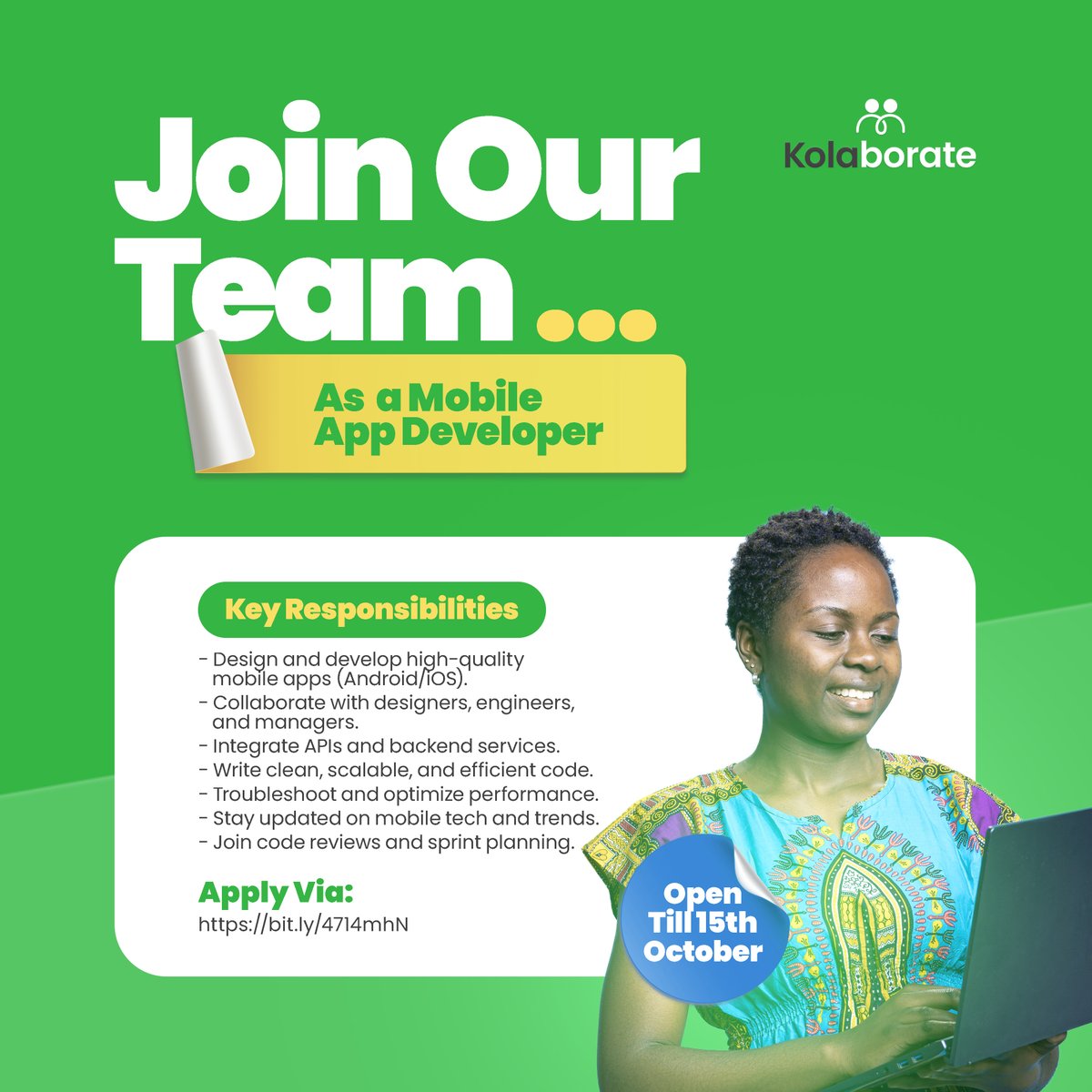 kolaborate_p's tweet image. We’re hiring! 👩🏾💻
Join Kolaborate as a Mobile App Developer and help us build smart, scalable, and user-friendly solutions.
Apply now 👉 bit.ly/4714mhN
Deadline: 15th/10/2025
#TechJobs #Hiring #MobileDeveloper #Kolaborate