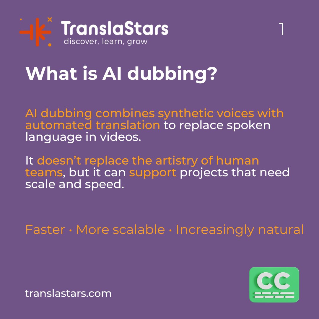 TranslaStars's tweet image. 𝗖𝘂𝗿𝗶𝗼𝘂𝘀 𝗮𝗯𝗼𝘂𝘁 the world of #AIDubbing? 🎙️
It’s here to 𝘀𝘂𝗽𝗽𝗼𝗿𝘁 𝗵𝘂𝗺𝗮𝗻𝘀 and make 𝘄𝗼𝗿𝗸𝗳𝗹𝗼𝘄𝘀 𝗳𝗮𝘀𝘁𝗲𝗿 𝗮𝗻𝗱 𝘀𝗺𝗮𝗿𝘁𝗲𝗿. ⚡
Curious about tools, workflows & real-world skills?
🚀 Check out our course: translastars.com/course/ai-dubb…
#Localization