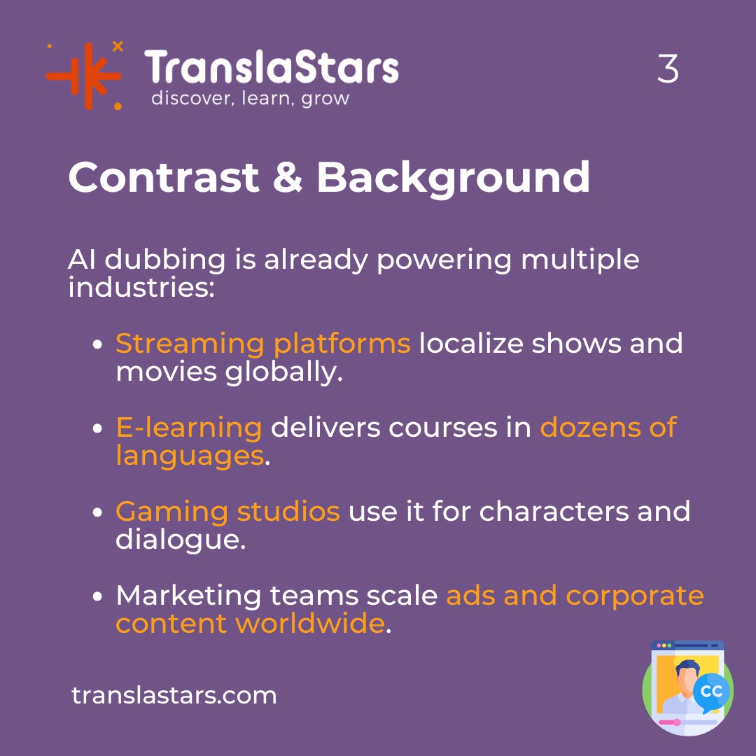 TranslaStars's tweet image. 𝗖𝘂𝗿𝗶𝗼𝘂𝘀 𝗮𝗯𝗼𝘂𝘁 the world of #AIDubbing? 🎙️
It’s here to 𝘀𝘂𝗽𝗽𝗼𝗿𝘁 𝗵𝘂𝗺𝗮𝗻𝘀 and make 𝘄𝗼𝗿𝗸𝗳𝗹𝗼𝘄𝘀 𝗳𝗮𝘀𝘁𝗲𝗿 𝗮𝗻𝗱 𝘀𝗺𝗮𝗿𝘁𝗲𝗿. ⚡
Curious about tools, workflows & real-world skills?
🚀 Check out our course: translastars.com/course/ai-dubb…
#Localization