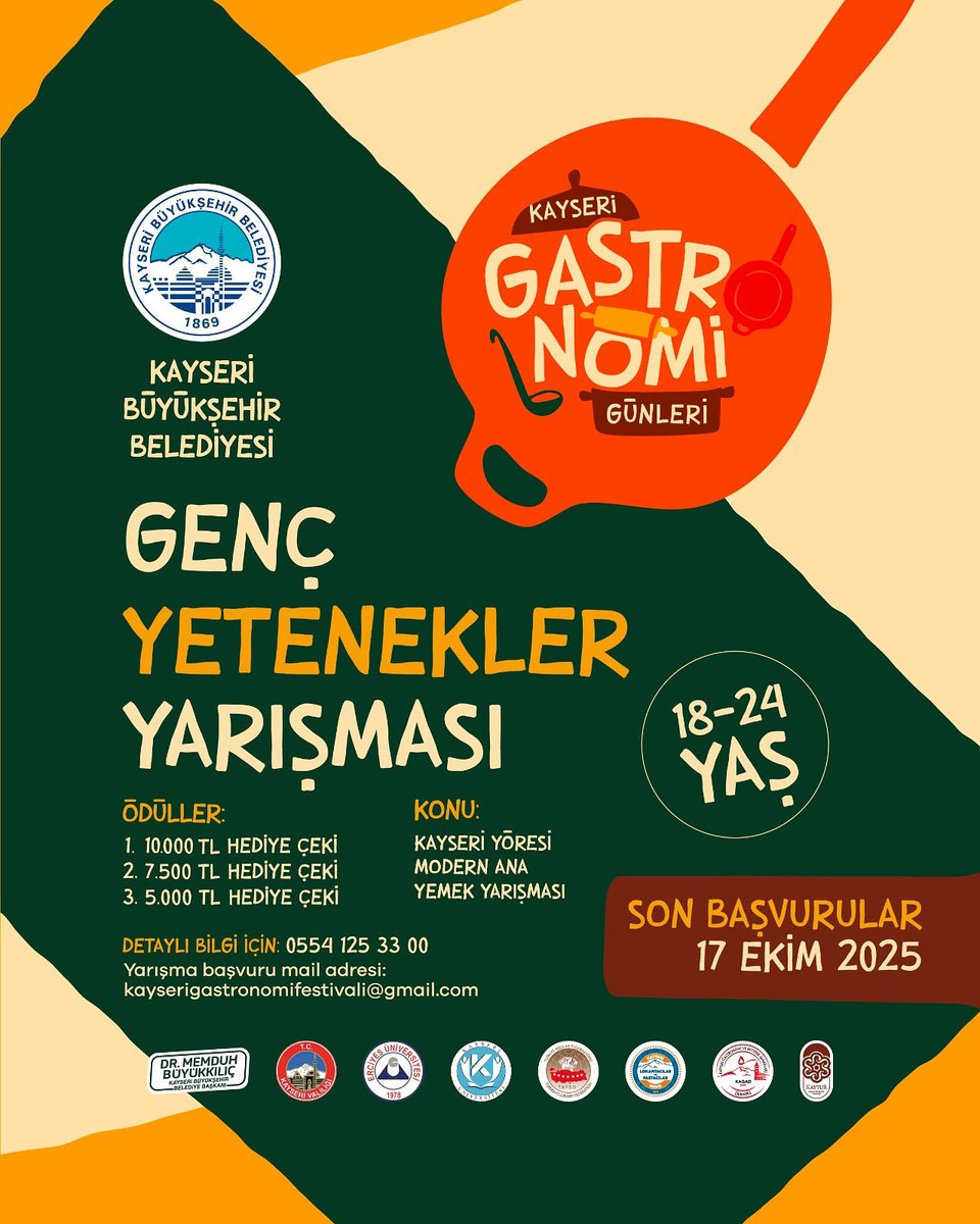 gastrokayseri's tweet photo. 24-26 Ekim tarihleri arasında Recep Tayyip Erdoğan Millet Bahçesi Büyük Etkinlik alanında gerçekleştirilecek olan Kayseri Gastronomi Günleri Kapsamında 18-24 yaş arası gençler için Genç Yetenekler Kayseri Yöresi Modern Ana Yemek Yarışması sizlerle olacak. https://t.co/39wtcOCPiD