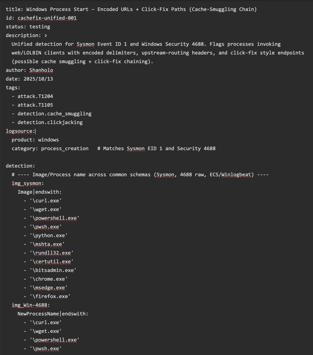 ShanHolo's tweet image. New #Sigma rule to spot Click-Fix + Cache-Smuggling chains on Windows 🎯
Unified for Sysmon ID1 & Sec. 4688 🫡
YAML 👉 pastebin.com/A3Wgjjyi
Please any comment, suggestions, experiences are more than welcome (I'm not an expert with Sigma).
#DetectionEngineering #SOC