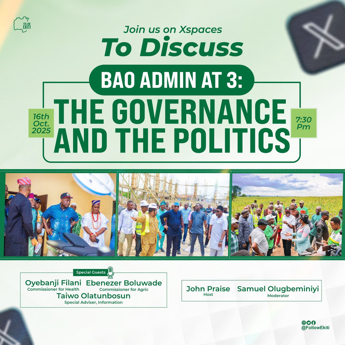 Let's do this on Thursday, Oct 16th, 2025, by 7:30pm. I will also be speaking on this space. Let's interrogate the 3 years administration of Governor <a href="/biodunaoyebanji/">Biodun Oyebanji</a> in Ekiti State.

Good morning!