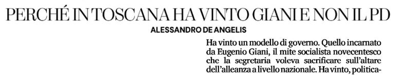 da toscano dico che <a href="/DeAngelis_tw/">Alessandro DeAngelis</a> non ha capito una sega del perché ha vinto il centrosinistra - il centrosinistra, non giani. 
il grosso dell'elettorato non ha votato giani, ha votato i candidati e i partiti che lo sostenevano, nonostante il presenzialista taglianastri giani.