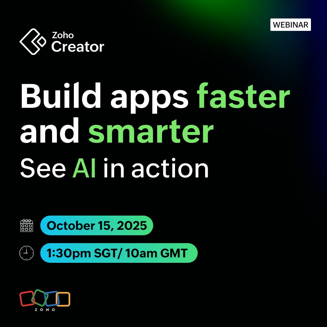 ZohoCreator's tweet image. Build business apps using AI-powered low-code! Join this Zoho Creator live demo on October 15 to see prompts, Deluge code, and smart automations in action. Register now: 

APAC and ANZ: zurl.co/zaFei 
EMEA: zurl.co/PEXqN