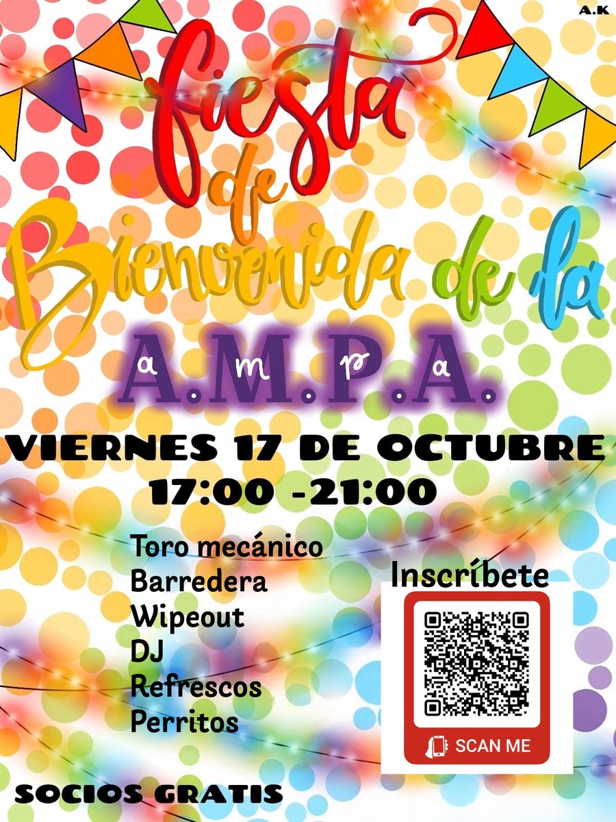 Fiesta de bienvenida de la AMPA 🎊🎈 <a href="/ampamanuelfalla/">AMPA_ManueldeFalla</a>

🗓️ viernes 17 de octubre
🕑 de 17:00 a 21:00

🎟️ socios gratis / no socios 10€

Puedes hacerte socio por 15€ al año (manda un correo a ampamanuelfalla@gmail.com 📨)