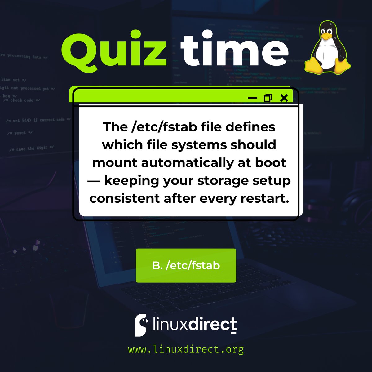 LinuxDirect_'s tweet image. 🌍 OFFICIAL WEBSITE: linuxdirect.org
📝 Quiz time!
Which file stores persistent mount configurations in Linux?
#LinuxDirect #LinuxQuiz #LinuxTips #LinuxStorage #LinuxBasics #LinuxTraining #LearnLinux #LinuxCommunity #CommandLinePro