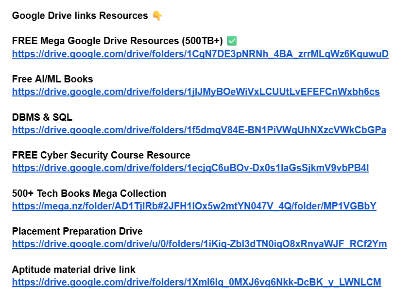 AvinashSingh_20's tweet image. Google Drive links Resources 👇
From Algorithms to Dynamic Programming, Company-wise LeetCode sheets, and Interview Prep guides, everything you need to crush placements is HERE!
To get the doc link 👇
1- Follow( so that i can dm you)
2- Like & Repost for others
3- Reply…