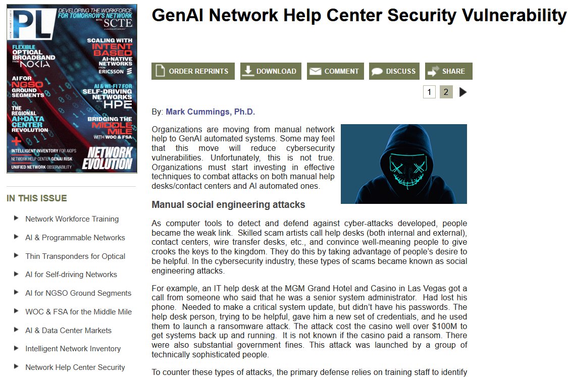 PipelineWire's tweet image. #Network call and help center #security is discussed in this #Pipeline magazine article, from Mark Cumming, PhD ow.ly/l11O50XaPEi. Learn about #GenAI & #AI #securityrisks and social engineering #attackprevention.