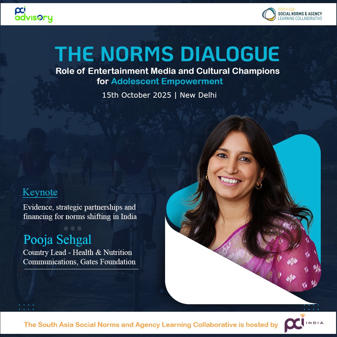 Proud to share that Pooja Sehgal, Country Lead–Health &amp; Nutrition Communications <a href="/gatesfoundation/">Gates Foundation</a> will deliver 𝘒𝘦𝘺𝘯𝘰𝘵𝘦 at #TheNormsDialogue by <a href="/SocialNormsLC/">Social Norms & Agency Learning Collaborative, SA</a> (hosted by <a href="/PCI_India_/">PCI India</a>)
🗓 15th Oct'25 | New Delhi
👉Mail vtatkar@pciglobal.in | southasialc@gmail.com to join