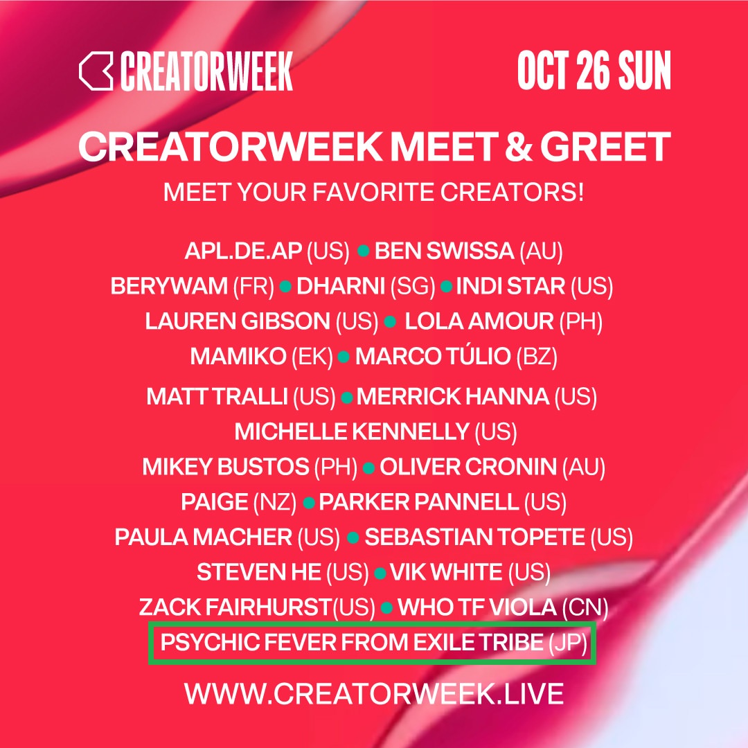 psyfe_global's tweet image. [🗓️] OCTOBER SCHEDULE UPDATE

CreatorWeek Meet &amp;amp; Greet with #PSYCHICFEVER💚

🗓️26 October (Sun)
⏰12:00PM - 3:30PM (CST) (TBA)
📍The Londoner Macao

※Registration is required to join the Meet &amp;amp; Greet
🎟️creatorweek.live/page/5253877/m…

For more details: creatorweek.live/page/5253877/m……