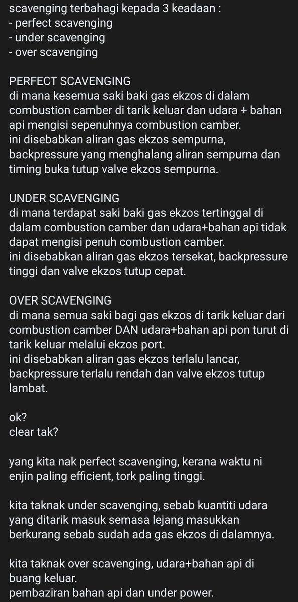 Korang tau tak, nak reka exhaust manifold kereta korang tu bukan boleh suka²? Antara perkara yang kene ambil kira adalah scavenging effect.

Meh saya bantu kasi penerangan apa tu 'Scavenging Effect'

[Text] 
Scavenge ni maksudnya mencari dan mengumpul daripada sisa buangan
