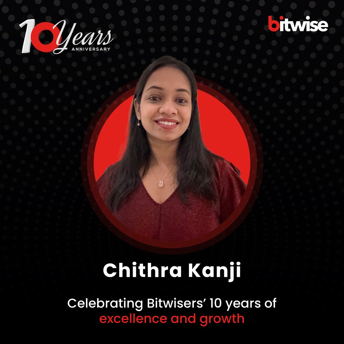 Bitwise_Updates's tweet image. Celebrating 10 inspiring years with our Bitwiser, Chithra Kanji! Together, we’ve built impact through dedication, innovation, and technology. 
Here’s to many more milestones and success ahead!

#LifeAtBitwise