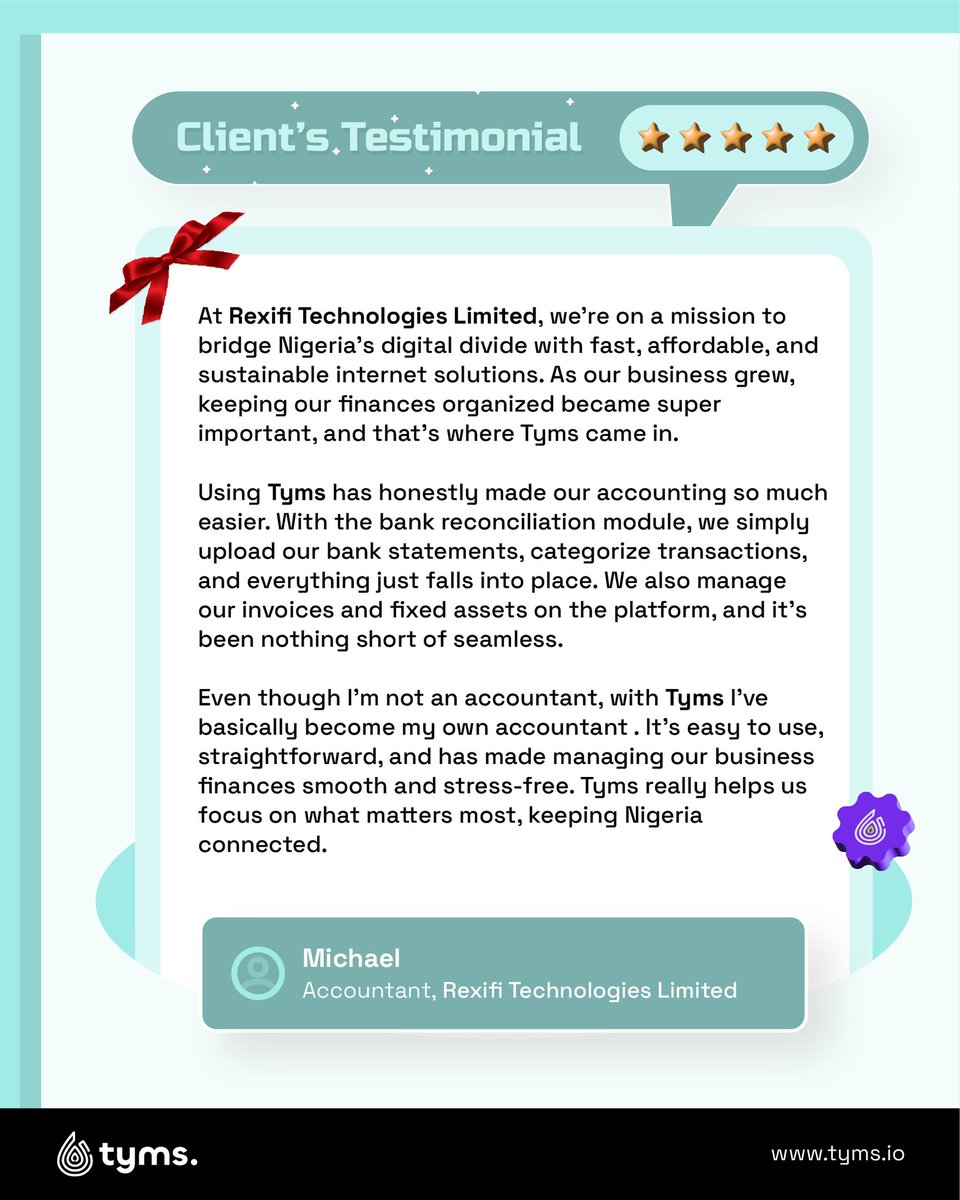 "Tyms is easy to use, straightforward and has made managing our business finances smooth and stress-free." 

That's the value Tyms is currently adding to Rexifi Technologies Limited 🔥🔥

You can also enjoy these, simply visit tyms.io to get started 😎