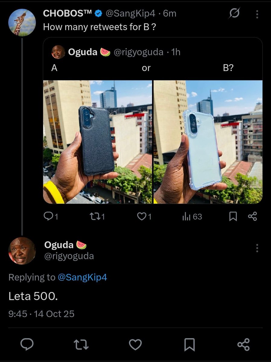 Good morning good people I need a favour from you.  Let's do a quick 500 retweets <a href="/rigyoguda/">Oguda 🍉</a>  anitumie that colourless case for Samsung Galaxy A56  it's possible