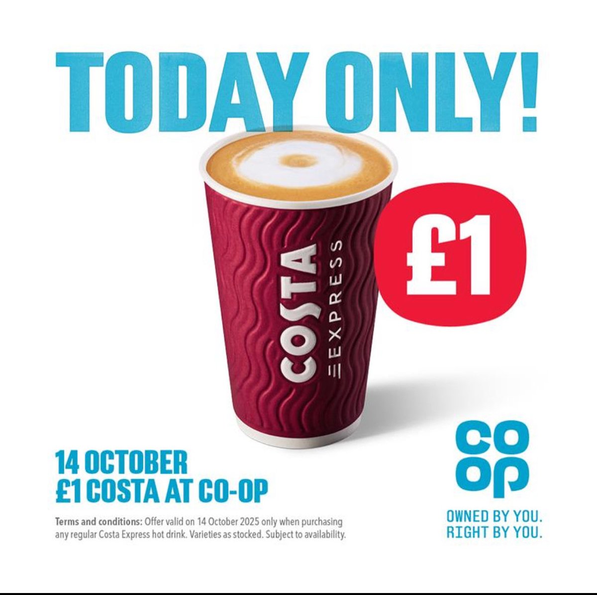 For 1 day only, every Costa coffee, tea, and even hot chocolate from the machine is £1 in your local <a href="/coopuk/">Co-op</a>
on October 14th ☕️

<a href="/ianhall_92588/">Ian Hall</a> <a href="/jeanie_hughes/">Jean McCormick</a>