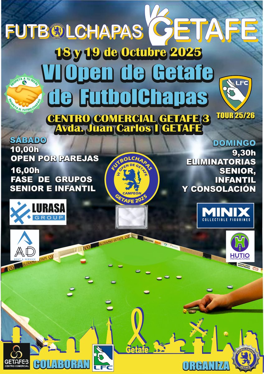 El próximo fin de semana no te pierdas en el <a href="/CCGetafe3/">C.C. Getafe 3</a> el VI Open de Getafe de #FútbolChapas que celebrará <a href="/FChapasGetafe/">FutbolChapas Getafe</a> con la participación de los mejores jugadores nacionales 🏆⚽️👌🔝

#Getafe #Deporte #DeporteenGetafe