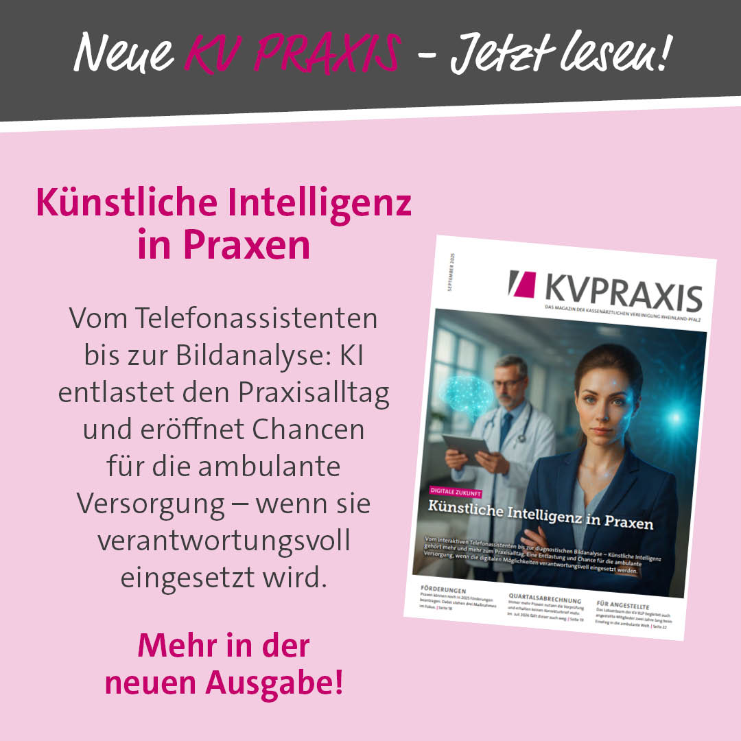 KI ist längst im Praxisalltag angekommen: von der Telefonassistenz bis zur Bildanalyse. 🤖🩺 Die neue KV PRAXIS zeigt Chancen &amp; Risiken – und warum KI Ärztinnen &amp; Ärzte unterstützen, aber nicht ersetzen kann. Mehr: kv-rlp.de/praxis/beratun…