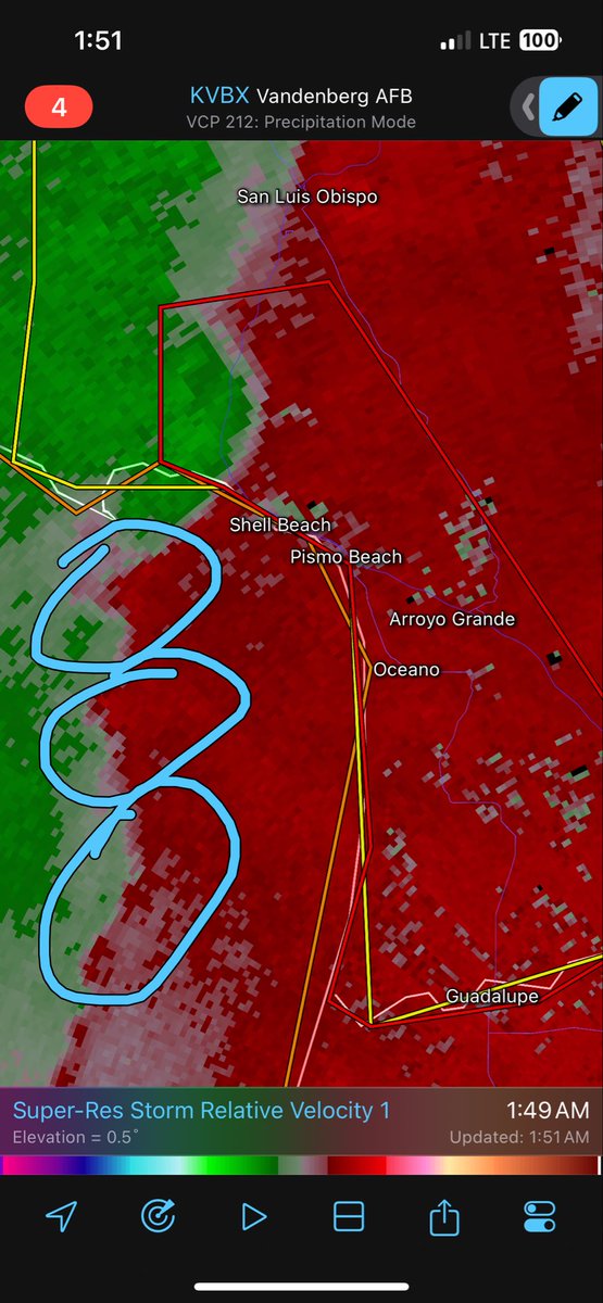 CC_StormWatch's tweet photo. Know someone around Pismo Beach, Shell Beach, Arroyo Grande? They need to be in the interior room of their house on the lowest floor with no windows near. A #tornado warning is in effect and there are several areas of rotation on this line that can spin up. #CAwx https://t.co/P11Sbw4fcv