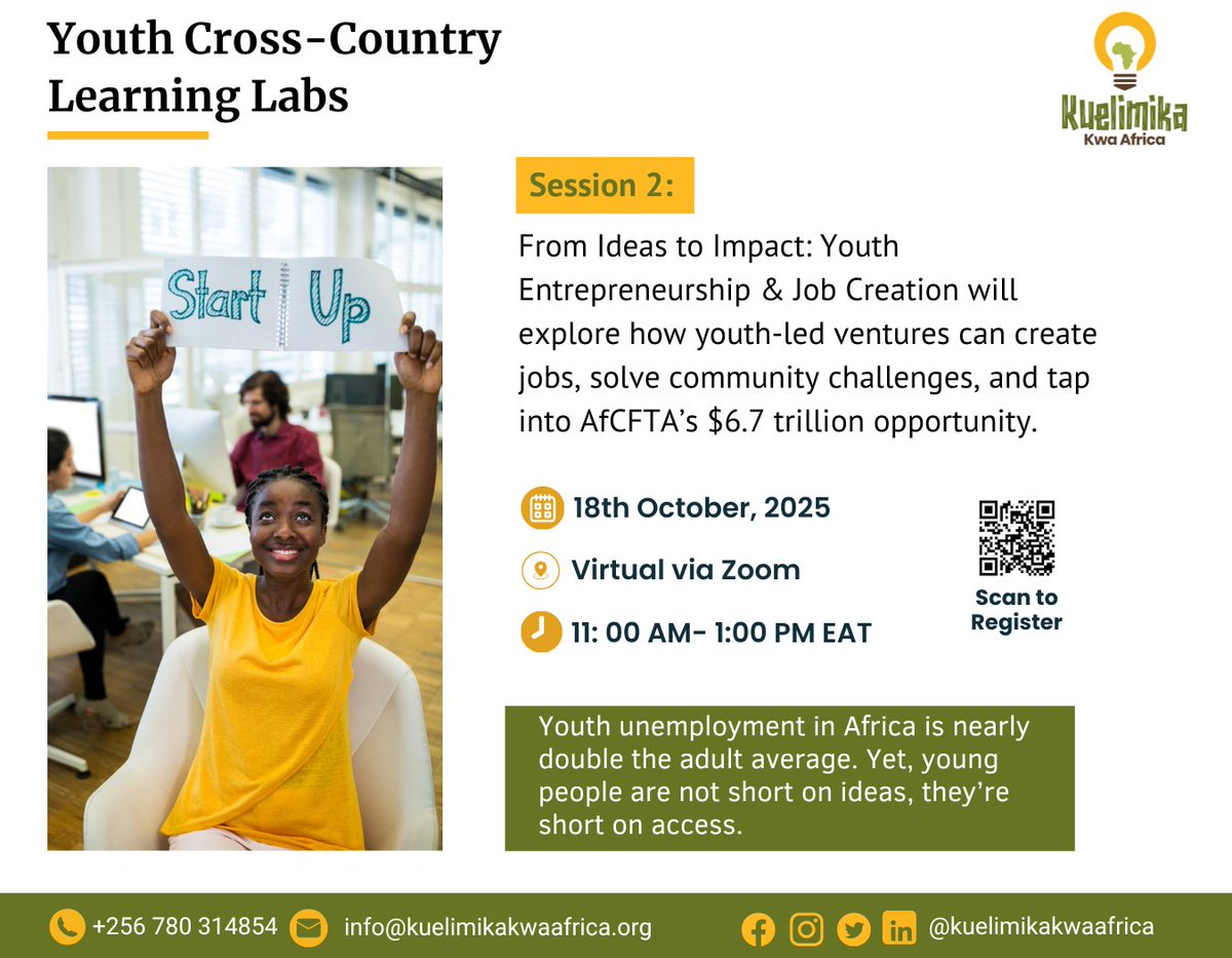 Youth unemployment in Africa is nearly double the adult average. Yet, young people are not short on ideas, they’re short on access.

Join us for session 2;

Saturday, 18th October | 11:00 AM–1:00 PM EAT
Register now: lnkd.in/ePrzxqrk