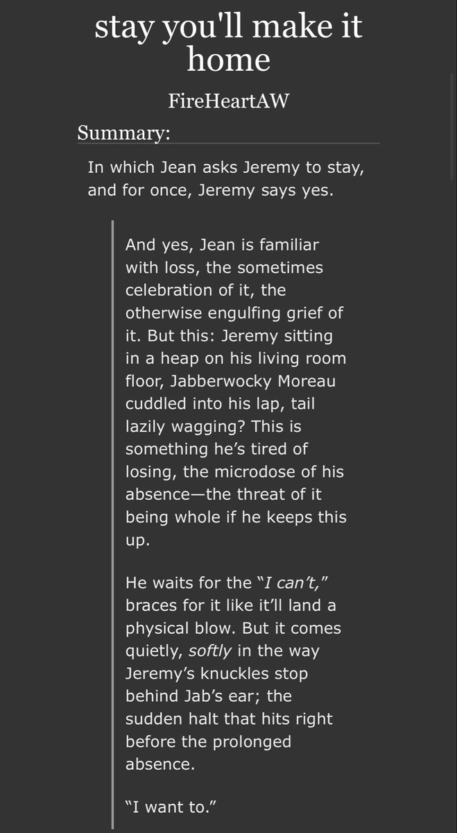 posting my <a href="/aftgexchange/">AFTG Exchange</a> fic from my Japan trip means no fic graphic but I think this will do (: 

Written for the lovely @/wyverning ❤️ 

jerejean | hurt/comfort | mutual pining (like so much mutual pining) | 1.1k 

archiveofourown.org/works/72268691